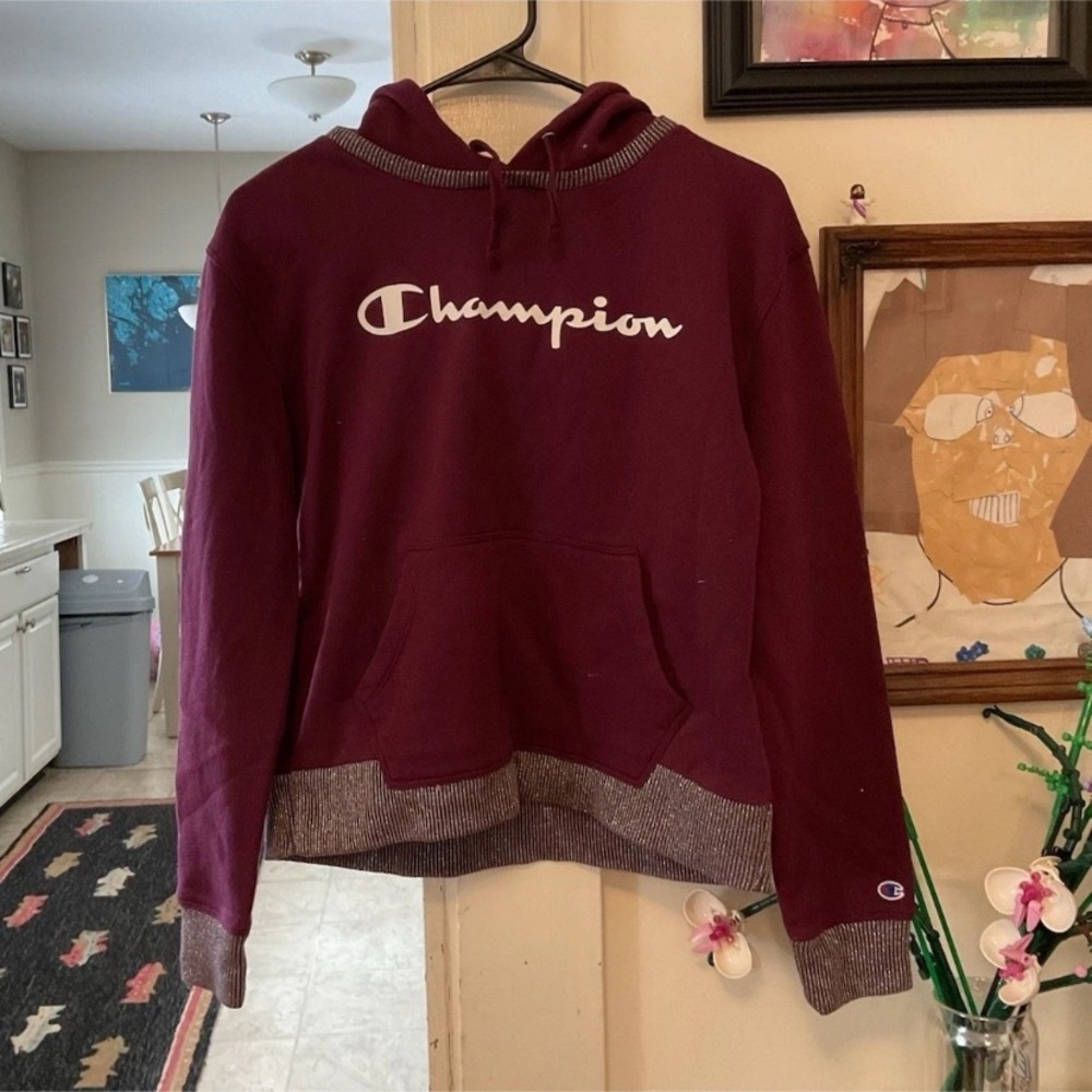 Champion Maroon Pullover Hoodie with Gray Trim